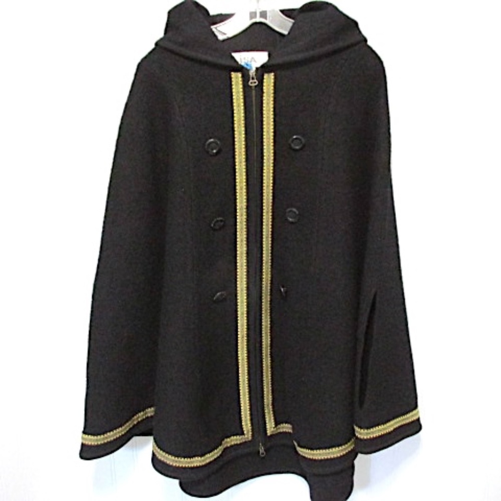 Vintage Black Wool Cape Coat with Trim, Size L